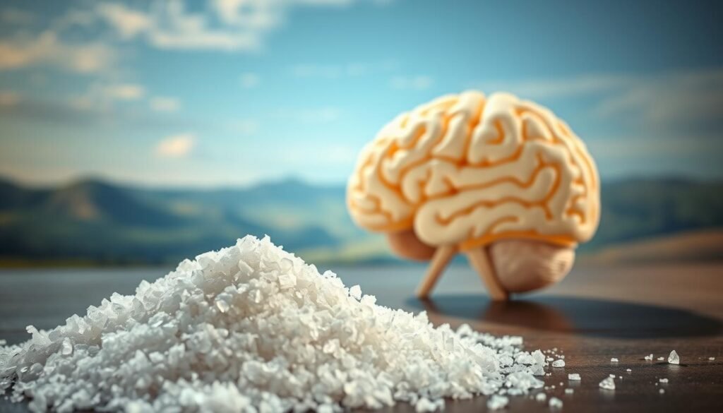 A beautifully lit still life scene depicting the relationship between sugar and brain health. In the foreground, a pile of refined white sugar crystals, their sharp edges catching the soft, warm light. In the middle ground, a cross-section of a human brain, its intricate folds and structures rendered in crisp detail. The background features a serene, calming landscape of rolling hills and a tranquil sky, suggesting the soothing, nourishing effects of a sugar-reduced diet on the mind. The overall composition conveys a sense of balance, harmony, and the importance of mindful consumption for optimal cognitive function.