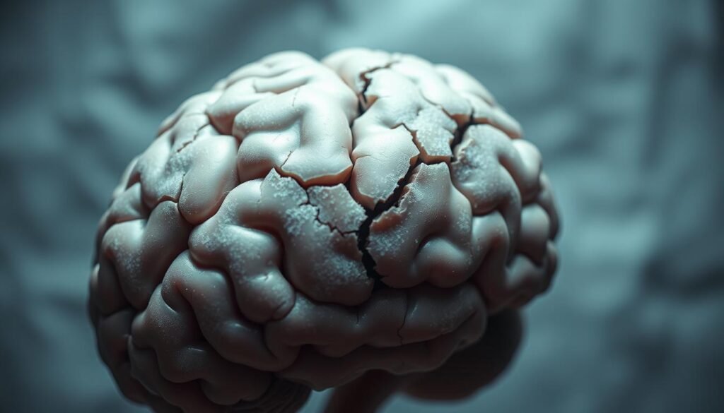 A detailed close-up of a human brain, with visually striking cracks and fractures radiating outward from the center, representing the detrimental effects of excessive sugar consumption on mental health. The brain appears distressed, with a muted, somber color palette evoking a sense of anxiety and depression. Subtle but unsettling shadows and a slightly low-angle perspective add depth and tension to the scene. The background is blurred, keeping the focus on the damaged brain structure and its powerful symbolism. Overall, the image conveys the profound and far-reaching impact of sugar on the delicate balance of the mind.