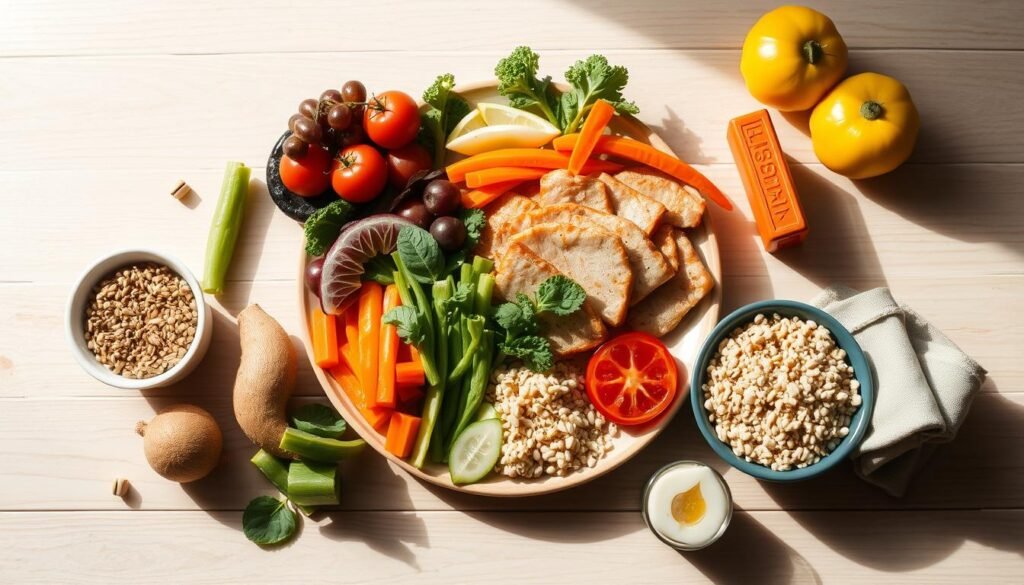 A balanced, nutritious meal on a light wooden table, arranged with care and attention to detail. Fresh, vibrant vegetables, lean protein, and whole grains create a visually appealing and harmonious composition. The lighting is soft and natural, casting gentle shadows that accentuate the textures and colors. The overall mood is one of serenity and mindfulness, reflecting the calming influence of a well-balanced diet on emotional well-being. A balanced, nutritious meal on a light wooden table, arranged with care and attention to detail. Fresh, vibrant vegetables, lean protein, and whole grains create a visually appealing and harmonious composition. The lighting is soft and natural, casting gentle shadows that accentuate the textures and colors. The overall mood is one of serenity and mindfulness, reflecting the calming influence of a well-balanced diet on emotional well-being.