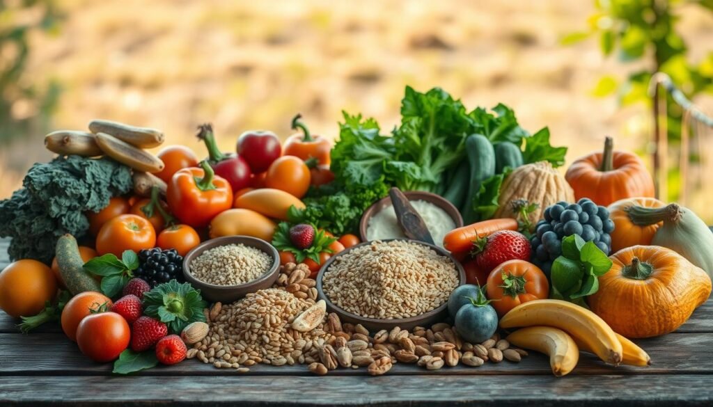 A bountiful display of wholesome, unprocessed foods, meticulously arranged on a rustic wooden table. In the foreground, an assortment of vibrant, nutrient-dense fruits and vegetables, their colors and textures accentuated by natural lighting. In the middle ground, hearty whole grains, such as quinoa and brown rice, nestled alongside crunchy nuts and seeds. The background features a tranquil, earthy backdrop, perhaps a lush garden or a sun-dappled field, evoking a sense of harmony and wellness. The overall composition conveys the purity, vitality, and restorative power of "Alimentos Integrais" - whole, unrefined foods that nourish the body and mind. A bountiful display of wholesome, unprocessed foods, meticulously arranged on a rustic wooden table. In the foreground, an assortment of vibrant, nutrient-dense fruits and vegetables, their colors and textures accentuated by natural lighting. In the middle ground, hearty whole grains, such as quinoa and brown rice, nestled alongside crunchy nuts and seeds. The background features a tranquil, earthy backdrop, perhaps a lush garden or a sun-dappled field, evoking a sense of harmony and wellness. The overall composition conveys the purity, vitality, and restorative power of "Alimentos Integrais" - whole, unrefined foods that nourish the body and mind.