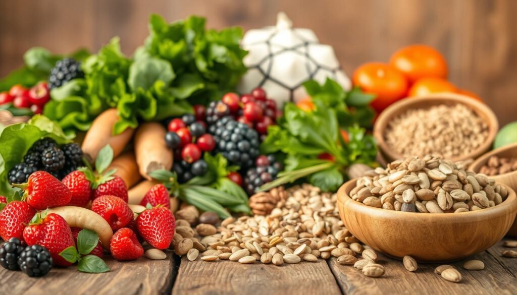 A bountiful still life arrangement of wholesome, unprocessed whole foods. In the foreground, a rustic wooden table is laden with an assortment of fresh, colorful produce - vibrant berries, crisp leafy greens, earthy tubers, and hearty grains. Warm, natural lighting casts a soft glow, highlighting the intricate textures and rich hues of the ingredients. In the middle ground, a wooden bowl overflows with a variety of nuts and seeds, their irregular shapes and muted tones adding depth and complexity to the scene. The background is softly blurred, drawing the viewer's focus to the nourishing, minimally processed bounty before them. An atmosphere of warmth, simplicity, and wholesome goodness pervades the image, conveying the benefits of incorporating whole, unrefined foods into one's diet.