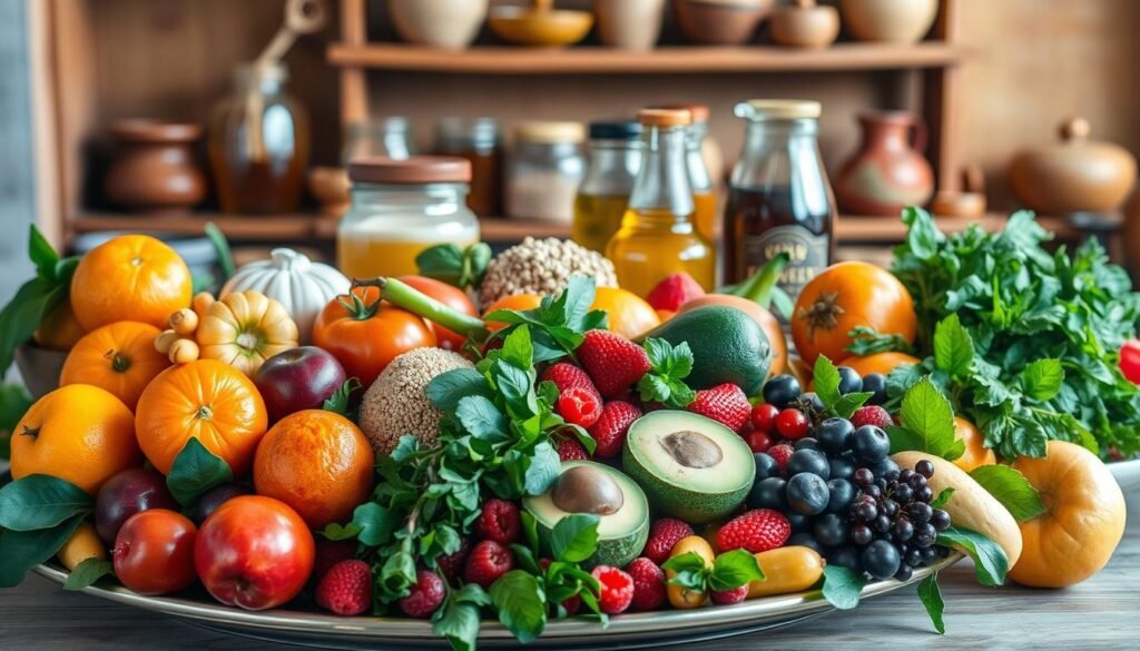 A bountiful still life of natural foods, captured in warm, soft lighting. In the foreground, a platter overflows with a vibrant array of fresh produce - juicy oranges, crisp apples, ripe avocados, leafy greens, and vibrant berries. In the middle ground, artfully arranged jars contain raw honey, whole grains, and unrefined oils. The background features an earthy, rustic setting, with wooden shelves and modest earthenware. This scene radiates a sense of simplicity, nourishment, and connection to the natural world, evoking the essence of whole, unprocessed nutrients from their original sources.