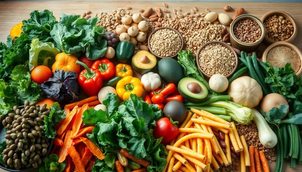 A bountiful table overflowing with a vibrant array of foods rich in B-complex vitamins. In the foreground, a selection of leafy greens, cruciferous vegetables, and legumes in warm, earthy tones. Peppers, mushrooms, and avocado create a colorful middle ground. In the background, whole grains, nuts, and seeds are carefully arranged, conveying a sense of balance and nourishment. Soft, natural lighting illuminates the scene, casting gentle shadows and highlighting the textures of the ingredients. The overall composition evokes a harmonious, wholesome atmosphere, inviting the viewer to explore the diverse sources of B-complex vitamins that can be easily integrated into a healthy, vibrant diet.
