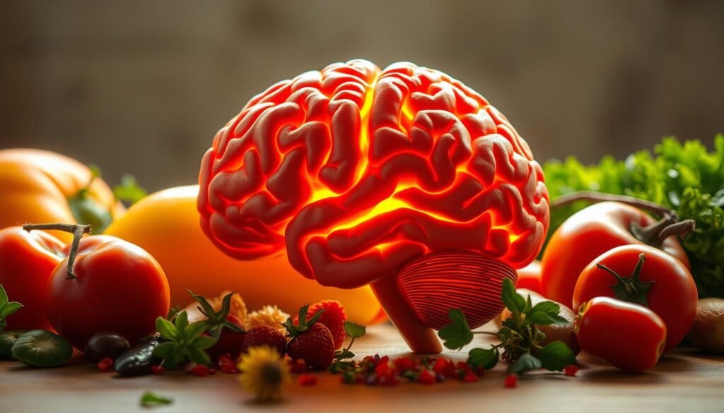 A brain in cross-section, illuminated by a warm, diffused light, resting atop a table. The brain's structure is vividly detailed, showcasing the intricate folds and pathways that represent the plasticity and adaptability of the organ. Surrounding the brain, a selection of fresh, vibrant produce - fruits, vegetables, and herbs - symbolizing the nourishing power of a healthy diet. The scene conveys a sense of balance and harmony, where the brain's dynamic capabilities are enhanced by mindful, nutritious eating. The overall tone is contemplative, inviting the viewer to ponder the profound link between diet and mental wellness. A brain in cross-section, illuminated by a warm, diffused light, resting atop a table. The brain's structure is vividly detailed, showcasing the intricate folds and pathways that represent the plasticity and adaptability of the organ. Surrounding the brain, a selection of fresh, vibrant produce - fruits, vegetables, and herbs - symbolizing the nourishing power of a healthy diet. The scene conveys a sense of balance and harmony, where the brain's dynamic capabilities are enhanced by mindful, nutritious eating. The overall tone is contemplative, inviting the viewer to ponder the profound link between diet and mental wellness.