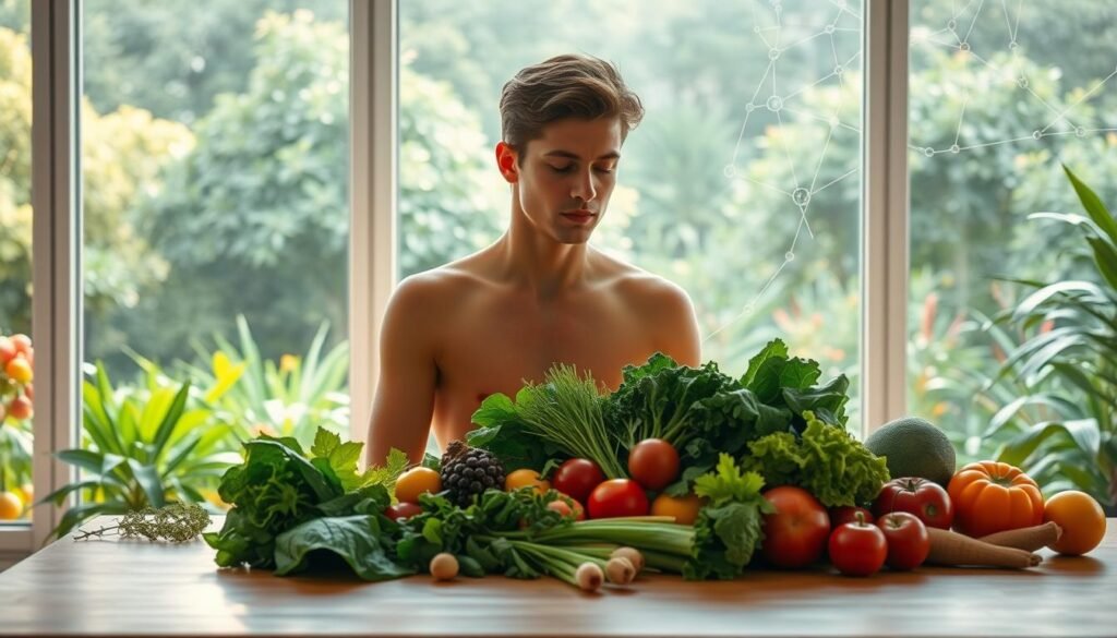 A bright and airy room with a panoramic window overlooking a lush, verdant garden. In the foreground, a wooden table holds an assortment of fresh, vibrant produce - leafy greens, crisp vegetables, and ripe fruits. A human figure, their face serene and thoughtful, sits at the table, engaged in contemplation. Soft, natural lighting filters in, casting a warm, introspective glow. The atmosphere is one of mindfulness and connection, as the individual explores the intricate relationship between neuroscience and nutrition. Subtle neural pathways and synaptic activity are hinted at in the background, suggesting the profound influence of diet on cognitive function and behavior. A bright and airy room with a panoramic window overlooking a lush, verdant garden. In the foreground, a wooden table holds an assortment of fresh, vibrant produce - leafy greens, crisp vegetables, and ripe fruits. A human figure, their face serene and thoughtful, sits at the table, engaged in contemplation. Soft, natural lighting filters in, casting a warm, introspective glow. The atmosphere is one of mindfulness and connection, as the individual explores the intricate relationship between neuroscience and nutrition. Subtle neural pathways and synaptic activity are hinted at in the background, suggesting the profound influence of diet on cognitive function and behavior.