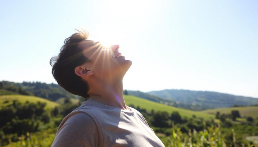 A bright and sunny scene of a person basking in the warmth of the sun, their face upturned to catch the rays. The background is a serene landscape with lush greenery, rolling hills, and a clear blue sky. The subject is dressed casually, perhaps in a t-shirt and shorts, fully immersed in the natural light. Soft shadows fall across the scene, creating a sense of depth and dimension. The overall mood is one of relaxation, rejuvenation, and the appreciation of the sun's vital contribution to our well-being. A perfect visual representation of the benefits of vitamin D and the impact of lifestyle on its absorption. A bright and sunny scene of a person basking in the warmth of the sun, their face upturned to catch the rays. The background is a serene landscape with lush greenery, rolling hills, and a clear blue sky. The subject is dressed casually, perhaps in a t-shirt and shorts, fully immersed in the natural light. Soft shadows fall across the scene, creating a sense of depth and dimension. The overall mood is one of relaxation, rejuvenation, and the appreciation of the sun's vital contribution to our well-being. A perfect visual representation of the benefits of vitamin D and the impact of lifestyle on its absorption.