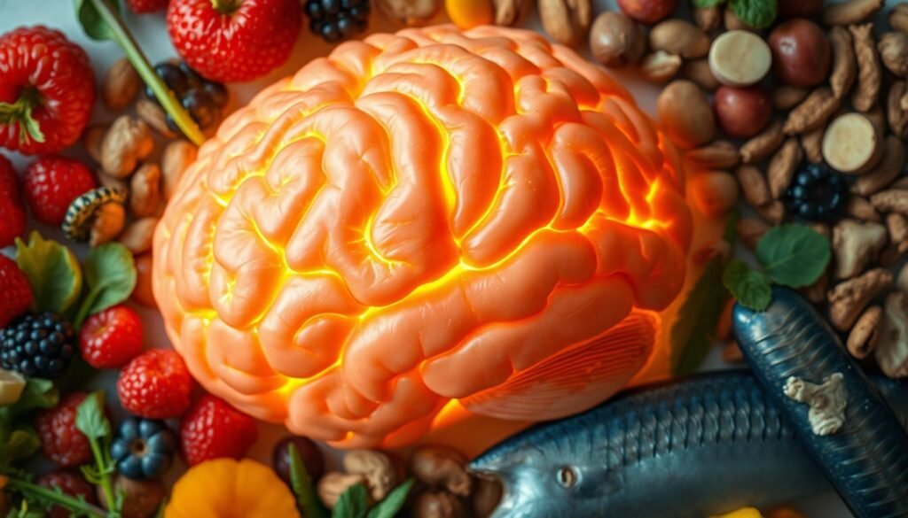 A close-up image of a healthy, glowing human brain, with delicate neural pathways and synapses visible. The brain is surrounded by a halo of vibrant, nutrient-rich foods, such as fresh berries, leafy greens, nuts, and fish, all bathed in warm, golden lighting that highlights their nourishing properties. The scene conveys a sense of balance, vitality, and the profound connection between diet and cognitive function. The composition is clean, focused, and evocative, drawing the viewer's attention to the importance of proper "brain nutrition" for optimal mental performance.