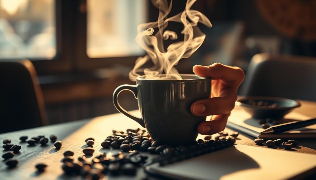 A close-up of a hand holding a steaming cup of coffee, the steam swirling and curling around the fingers. The cup is placed on a wooden table, surrounded by scattered coffee beans and a notebook with a pen resting on it. The lighting is warm and moody, casting soft shadows and highlights across the scene. In the background, a hazy, out-of-focus window suggests a cozy, intimate café setting. The overall mood is one of contemplation and the interplay between the energizing effects of caffeine and the desire for rest and relaxation.
