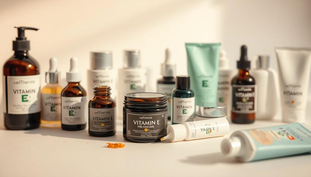 A close-up photograph of various skincare products, including bottles, jars, and tubes, arranged on a clean white background. The products prominently feature the label "Vitamin E" and display a range of cosmetic items such as moisturizers, serums, and creams. The lighting is soft and diffused, creating a warm, inviting atmosphere that highlights the natural textures and colors of the products. The composition is balanced, with the products positioned in a visually appealing layout that draws the viewer's attention to the central focus of Vitamin E in skincare. A close-up photograph of various skincare products, including bottles, jars, and tubes, arranged on a clean white background. The products prominently feature the label "Vitamin E" and display a range of cosmetic items such as moisturizers, serums, and creams. The lighting is soft and diffused, creating a warm, inviting atmosphere that highlights the natural textures and colors of the products. The composition is balanced, with the products positioned in a visually appealing layout that draws the viewer's attention to the central focus of Vitamin E in skincare.