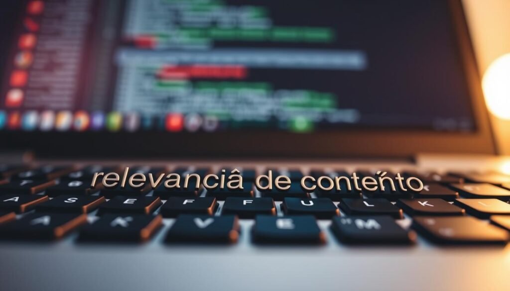 A close-up shot of a keyboard with the words "relevância de conteúdo" prominently displayed on the keys, against a blurred background of a computer screen. The lighting is soft and warm, creating a focused, contemplative atmosphere. The camera angle is slightly tilted, adding a sense of dynamism to the composition. The keys are crisp and detailed, with a tactile quality that suggests the importance of the words. The overall image conveys the idea of the "A importância das palavras-chave no SEO" and its relevance to the article's subject, "Título."