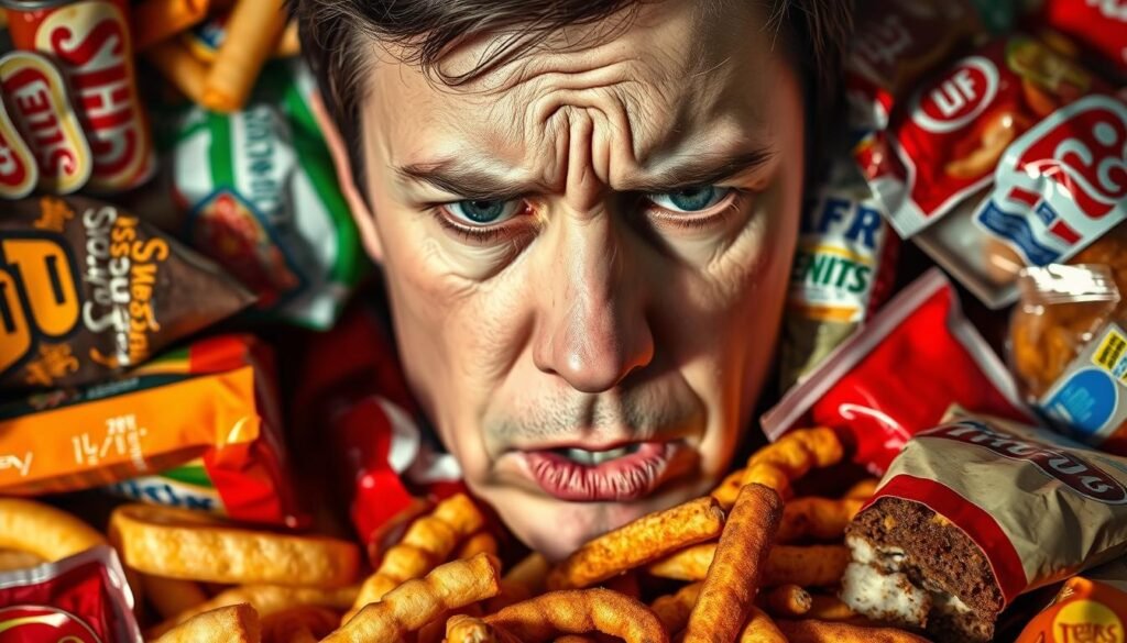 A close-up shot of a person's face, with a worried expression and furrowed brows, surrounded by a chaotic array of unhealthy snacks and fast food items. The image conveys a sense of overwhelm and the detrimental impact of stress on eating habits. The lighting is harsh, creating dramatic shadows and highlighting the tension in the subject's features. The background is blurred, keeping the focus on the central figure and the unhealthy food choices that seem to be encroaching on them. The overall mood is one of anxiety and the struggle to maintain a balanced, healthy diet under the strain of stress. A close-up shot of a person's face, with a worried expression and furrowed brows, surrounded by a chaotic array of unhealthy snacks and fast food items. The image conveys a sense of overwhelm and the detrimental impact of stress on eating habits. The lighting is harsh, creating dramatic shadows and highlighting the tension in the subject's features. The background is blurred, keeping the focus on the central figure and the unhealthy food choices that seem to be encroaching on them. The overall mood is one of anxiety and the struggle to maintain a balanced, healthy diet under the strain of stress.