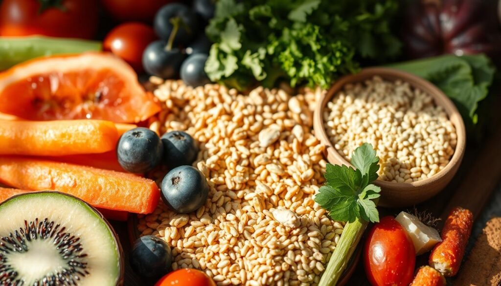 A close-up shot of an assortment of nutritious whole foods, including fresh fruits, vegetables, whole grains, and lean proteins, arranged in a visually appealing and harmonious composition. The lighting is soft and natural, casting gentle shadows and highlighting the vibrant colors and textures of the ingredients. The focus is sharp, drawing the viewer's attention to the details of each item. The overall mood is one of balance, health, and positivity, conveying the connection between a well-balanced diet and a positive state of mind.