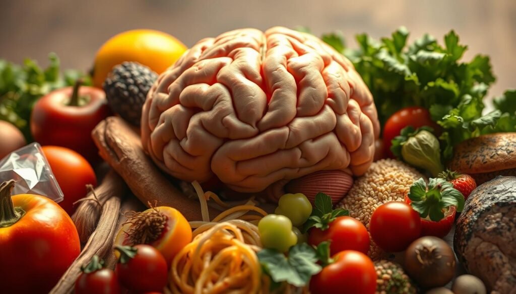 A close-up view of a human brain, rendered in detailed anatomical realism, with distinct regions and pathways highlighted. The brain is surrounded by a variety of fresh, whole foods - fruits, vegetables, grains, and proteins - arranged in a visually appealing, balanced composition. The lighting is soft and warm, creating a contemplative, scholarly atmosphere. The overall mood evokes the interconnectedness between the neurological processes underlying eating behavior and the physical nourishment of the body. The image conveys a sense of scientific inquiry and the potential for behavioral interventions grounded in neuroscience to improve human health and well-being. A close-up view of a human brain, rendered in detailed anatomical realism, with distinct regions and pathways highlighted. The brain is surrounded by a variety of fresh, whole foods - fruits, vegetables, grains, and proteins - arranged in a visually appealing, balanced composition. The lighting is soft and warm, creating a contemplative, scholarly atmosphere. The overall mood evokes the interconnectedness between the neurological processes underlying eating behavior and the physical nourishment of the body. The image conveys a sense of scientific inquiry and the potential for behavioral interventions grounded in neuroscience to improve human health and well-being.
