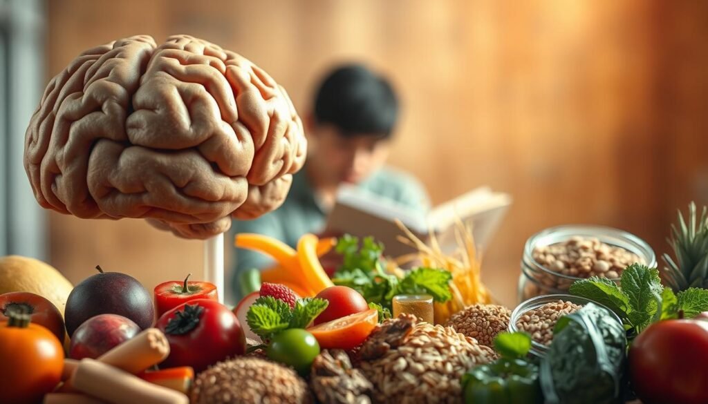 A close-up view of a human brain with interconnected neural pathways, symbolizing the association between dietary habits and cognitive processes. In the foreground, various healthy food items such as fresh fruits, vegetables, and whole grains are arranged in a visually appealing manner, conveying the importance of a balanced diet. The middle ground features a person engrossed in a book or educational material, highlighting the link between nutrition and learning. The background is softly blurred, creating a sense of focus on the central elements. The lighting is warm and natural, evoking a contemplative, educational atmosphere.