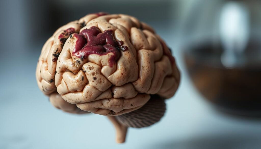 A close-up view of a human brain with visible signs of nutrient deficiency. The brain appears malnourished, with patchy discoloration, shrinkage, and impaired neural connections. The foreground is in sharp focus, while the background is blurred, creating a sense of isolation and the brain's vulnerability. The lighting is soft and diffused, casting subtle shadows that accentuate the brain's contours. The overall tone is somber, conveying the detrimental effects of nutritional deficiencies on the delicate organ. The image evokes a sense of concern and the importance of maintaining a balanced, nutrient-rich diet for optimal brain health.