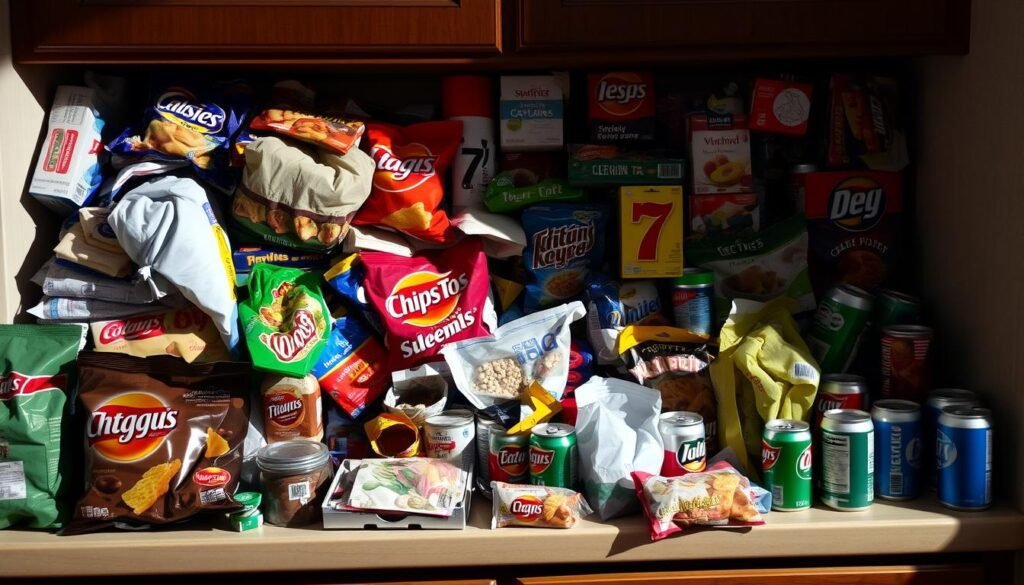 A cluttered kitchen counter overflows with an array of processed food items - bags of chips, boxes of sugary cereal, cans of soda, and other heavily packaged, artificial-looking products. The lighting is harsh and unflattering, casting shadows that emphasize the clutter and lack of natural, whole foods. The scene conveys a sense of temptation and difficulty in resisting these convenient but unhealthy options, reflecting the challenges many face in eliminating processed foods from their diets.