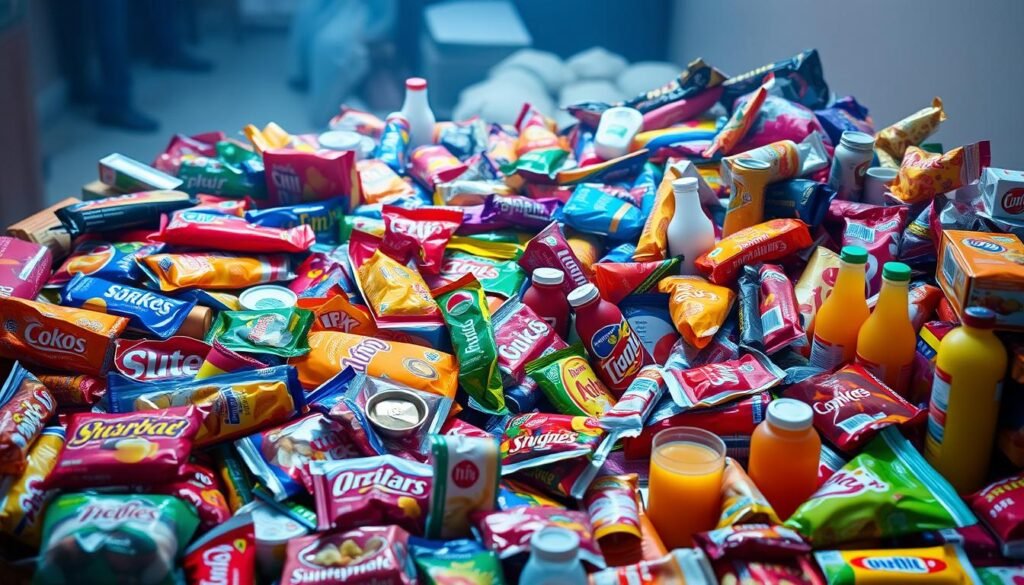 A cluttered table overflowing with packaged, brightly colored snacks and beverages, conveying the overwhelming abundance of ultra-processed foods. Vivid, high-contrast lighting illuminates the artificial hues and textures, while a hazy, soft-focus background suggests the disconnect between these products and natural, whole-food ingredients. The scene evokes a sense of excess, convenience, and detachment from the origins of sustenance, aligning with the section's exploration of what defines ultra-processed items. A cluttered table overflowing with packaged, brightly colored snacks and beverages, conveying the overwhelming abundance of ultra-processed foods. Vivid, high-contrast lighting illuminates the artificial hues and textures, while a hazy, soft-focus background suggests the disconnect between these products and natural, whole-food ingredients. The scene evokes a sense of excess, convenience, and detachment from the origins of sustenance, aligning with the section's exploration of what defines ultra-processed items.