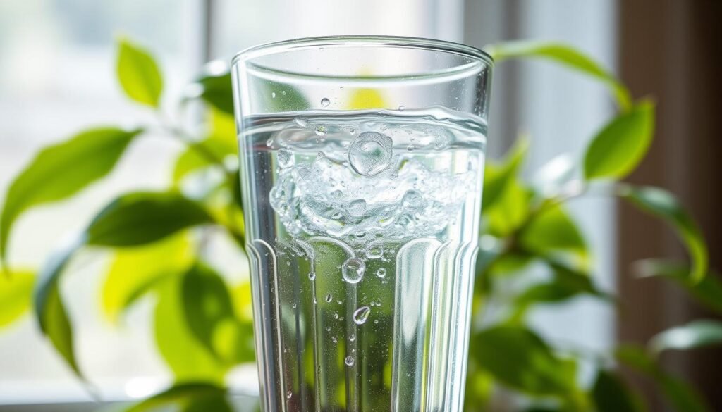 A crystalline glass of cool, refreshing water, its surface reflecting the soft natural light that filters through a window. Droplets of condensation cling to the sides, hinting at the liquid's soothing temperature. In the background, a lush, verdant plant thrives, its leaves gently swaying, symbolizing the vital connection between hydration and cognitive function. The scene exudes a sense of tranquility and balance, inviting the viewer to pause and consider the importance of proper hydration for optimal brain health and performance.