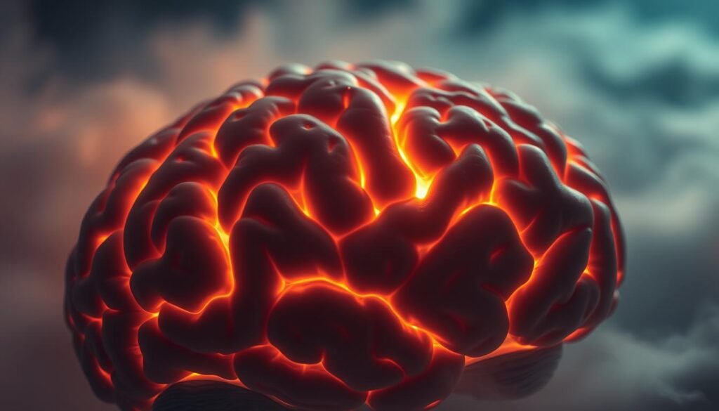 A detailed close-up of the human brain, illuminated by a soft, warm glow. The intricate neural pathways and synaptic connections are clearly visible, pulsing with activity. In the background, a hazy, dreamlike landscape of undulating waves and mist, creating a sense of the subconscious and the mysteries of sleep. The lighting is subtle and atmospheric, casting gentle shadows and highlights that accentuate the complex structure of the brain. The overall mood is one of scientific curiosity and the wonder of the inner workings of the mind during the restorative process of sleep.