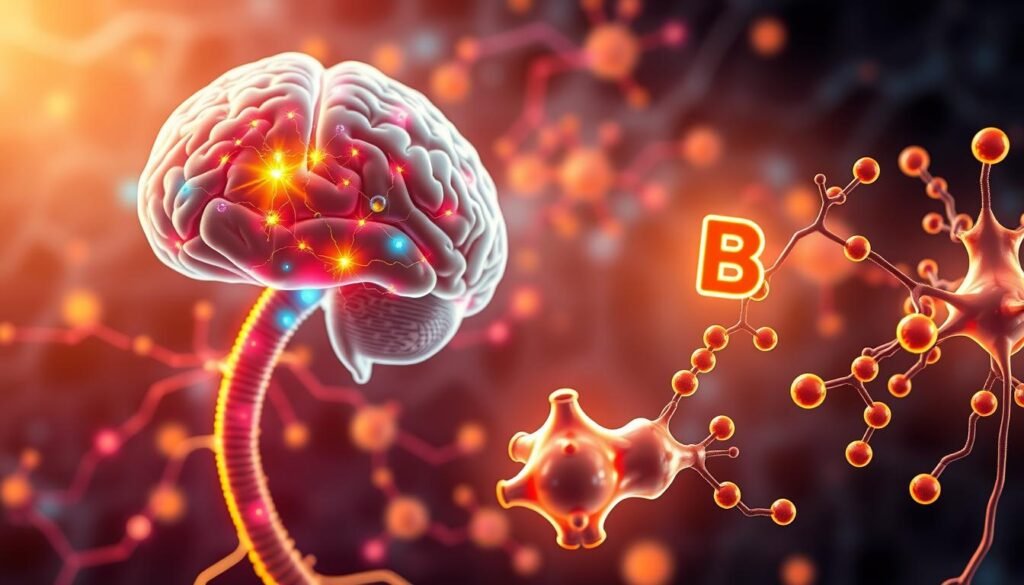 A detailed illustration of the intricate relationship between the B-complex vitamins and the human nervous system. A crisp, high-resolution digital painting depicting the complex biochemical processes and neural pathways involved. In the foreground, a central nervous system diagram showcases the brain, spinal cord, and neural networks, with B vitamins represented as glowing, colorful elements fueling the system. The middle ground features molecular models of B vitamin compounds interacting with neurotransmitters and synaptic junctions. The background bathes the scene in a warm, energetic glow, symbolizing the vital role of B vitamins in maintaining cognitive function, mood regulation, and stress management. Rendered with a harmonious, scientific aesthetic and a sense of visual balance.