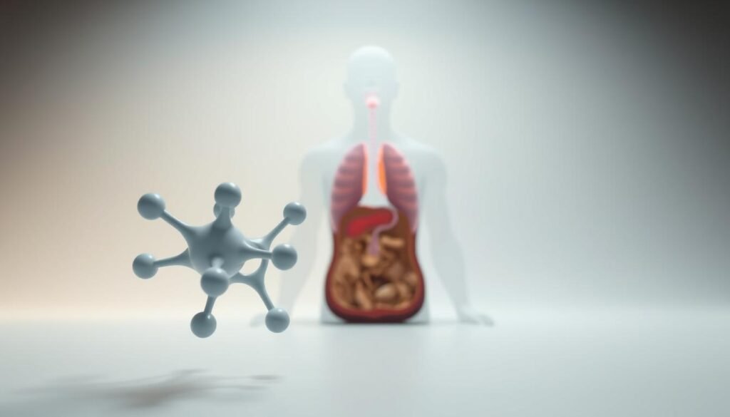 A detailed, scientific illustration depicting the relationship between cortisol and intermittent fasting. In the foreground, a molecular model of the cortisol hormone, rendered in realistic 3D. In the middle ground, a cross-section of the human body, highlighting the adrenal glands and their role in cortisol production. In the background, a minimalist, stylized representation of the circadian rhythm, with a fading day-night cycle to convey the hormonal changes during fasting periods. The scene is illuminated by a soft, directional light, casting subtle shadows and highlighting the intricate details. The overall mood is one of clinical precision and scientific inquiry, inviting the viewer to understand the physiological mechanisms at play.