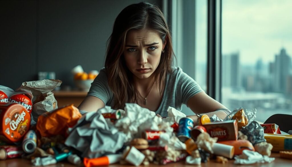 A distressed young woman sitting at a table, surrounded by a chaotic assortment of unhealthy snacks and junk food. The lighting is harsh, casting deep shadows and emphasizing the woman's troubled expression. The middle ground features a jumble of crumpled wrappers, empty containers, and half-eaten items, symbolizing the aftermath of a restrictive diet's failure. In the background, a blurred cityscape suggests the isolation and disconnect the subject feels. The overall atmosphere conveys the emotional and physical toll of disordered eating patterns, underscoring the need for a more balanced, sustainable approach to nutrition.