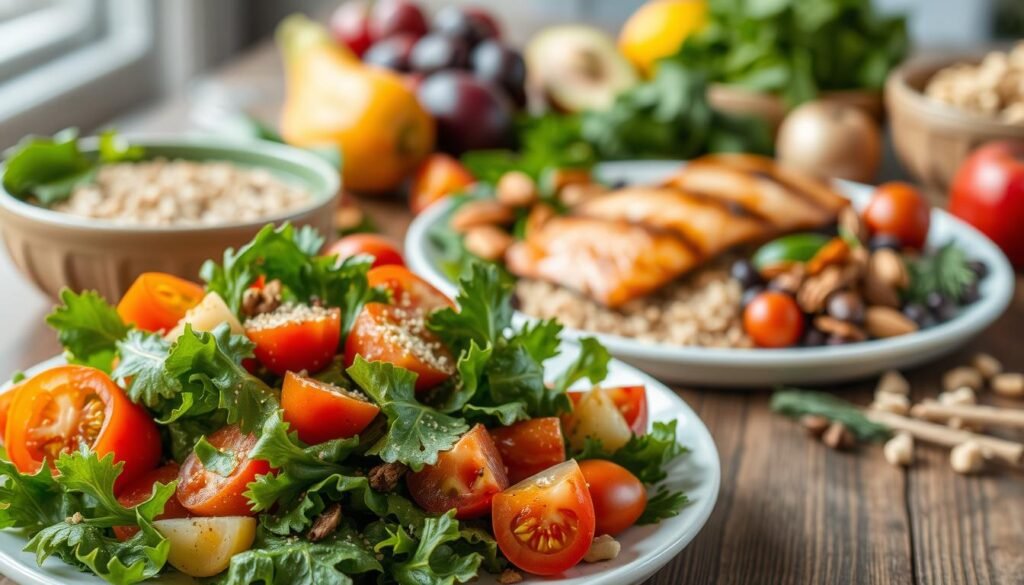 A healthy, vibrant meal featuring a variety of fresh, natural ingredients arranged on a wooden table. In the foreground, a colorful salad with leafy greens, juicy tomatoes, crunchy vegetables, and a drizzle of olive oil. In the middle ground, a plate of grilled fish or lean protein, accompanied by a side of whole grains like quinoa or brown rice. In the background, a selection of seasonal fruits, nuts, and herbs, creating a visually appealing and nutritionally balanced scene. The lighting is soft and natural, highlighting the vibrant colors and textures of the food. The overall atmosphere conveys a sense of simplicity, wholesomeness, and a focus on nourishing the body with wholesome, unprocessed ingredients. A healthy, vibrant meal featuring a variety of fresh, natural ingredients arranged on a wooden table. In the foreground, a colorful salad with leafy greens, juicy tomatoes, crunchy vegetables, and a drizzle of olive oil. In the middle ground, a plate of grilled fish or lean protein, accompanied by a side of whole grains like quinoa or brown rice. In the background, a selection of seasonal fruits, nuts, and herbs, creating a visually appealing and nutritionally balanced scene. The lighting is soft and natural, highlighting the vibrant colors and textures of the food. The overall atmosphere conveys a sense of simplicity, wholesomeness, and a focus on nourishing the body with wholesome, unprocessed ingredients.