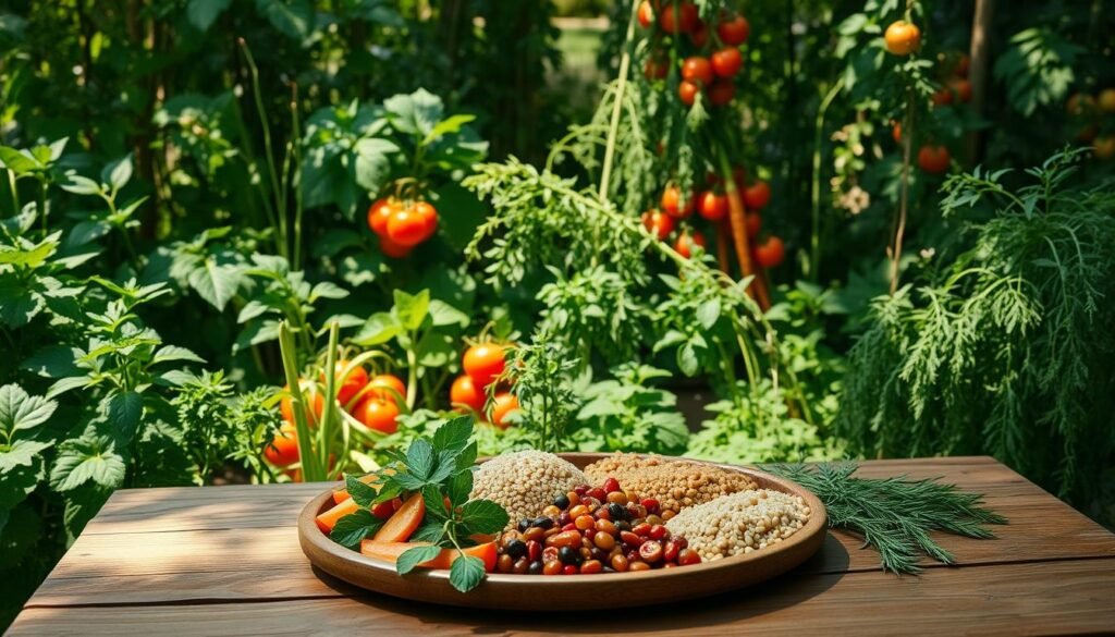 A lush, verdant kitchen garden filled with an abundance of fresh, organic produce - vibrant greens, juicy tomatoes, crisp carrots, and fragrant herbs. Dappled sunlight filters through the leaves, casting a warm, natural glow. In the foreground, a wooden table is laid out with a simple yet nourishing meal, featuring whole grains, legumes, and a variety of colorful, locally-sourced ingredients. The scene evokes a sense of tranquility, mindfulness, and a deep connection to the earth. Soft, earthy tones predominate, creating a calming, introspective atmosphere. The overall impression is one of a conscious, sustainable approach to food and wellbeing.