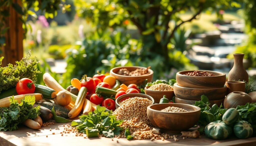 A lush, vibrant scene depicting the essence of natural eating habits. In the foreground, a bountiful harvest of fresh, organic produce - crisp vegetables, juicy fruits, and wholesome grains. The middle ground showcases a simple, rustic table setting, with handcrafted wooden bowls and earthenware plates, inviting the viewer to savor the nourishing, unprocessed delights. In the background, a serene, sun-dappled garden, lush with verdant foliage and a hint of a gently flowing stream, symbolizing the harmony between nature and sustenance. Warm, natural lighting bathes the scene, casting a soft, inviting glow and evoking a sense of tranquility and mindfulness. The overall composition conveys the essence of a balanced, holistic approach to nutrition, where the beauty and simplicity of natural foods take center stage.