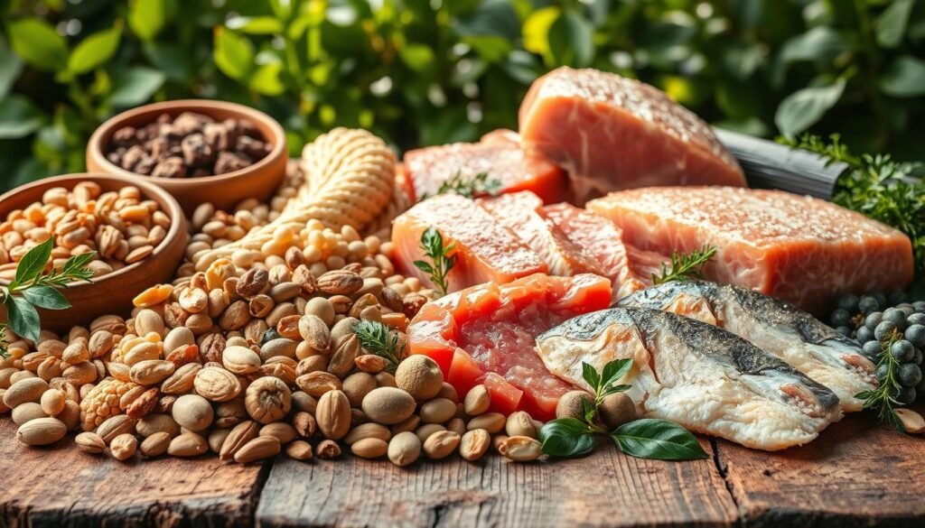A lush, vibrant still life showcasing an assortment of natural, unprocessed protein sources. In the foreground, a variety of nuts, seeds, and legumes are arranged artfully on a rustic wooden surface, their earthy textures and colors contrasting beautifully. In the middle ground, a selection of fresh, lean meats and fish fillets are displayed, glistening under warm, natural lighting. The background features a verdant, leafy backdrop, hinting at the wholesome, nourishing origins of these essential nutrients. The overall composition exudes a sense of balance, vitality, and the inherent goodness of nature's bounty, perfectly encapsulating the theme of "Nutrientes Essenciais para o Corpo Humano".
