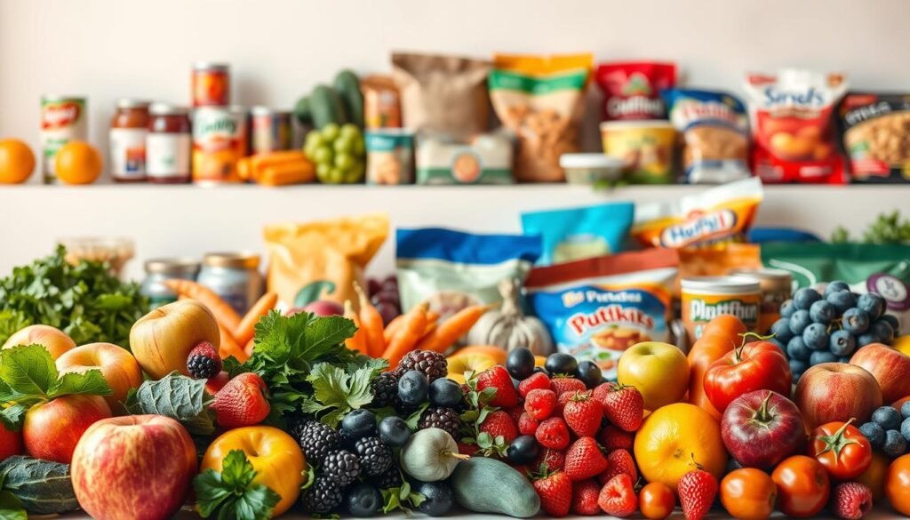 A photorealistic image showcasing the differences between natural and processed foods. In the foreground, an array of fresh, vibrant fruits and vegetables - apples, carrots, leafy greens, and berries. In the middle ground, various processed food items - canned goods, boxed cereals, frozen meals, and packaged snacks. The background has a clean, minimalist setting, emphasizing the contrast between the two food groups. Lighting is warm and natural, with a soft focus to draw the viewer's attention to the main subjects. The overall composition highlights the visual and nutritional distinctions between whole, unprocessed foods and their industrialized counterparts.