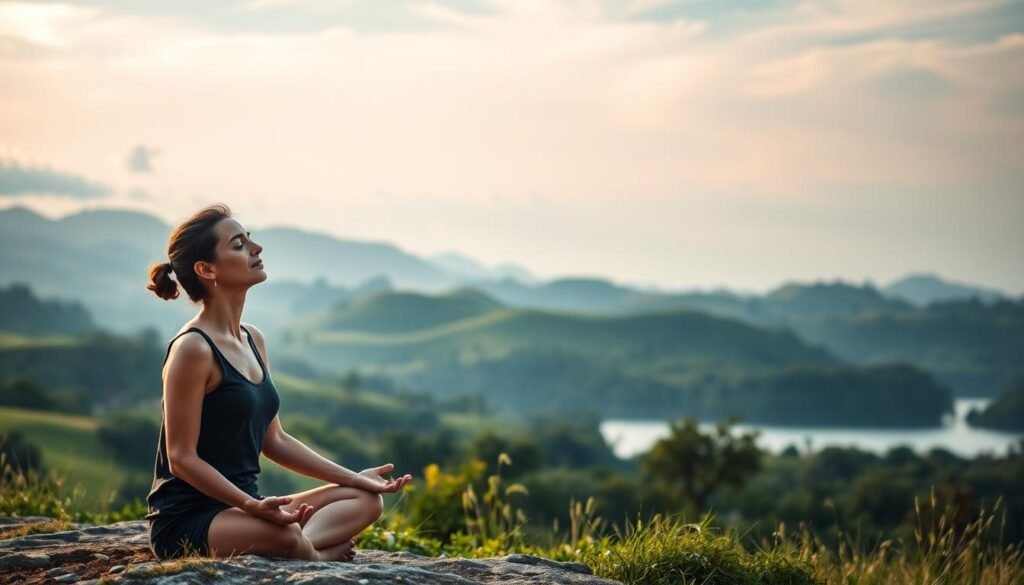 A serene and contemplative scene depicting the connection between intermittent fasting and mental wellbeing. In the foreground, a person sits in a meditative pose, eyes closed, their face radiating a sense of calm and inner peace. The middle ground features a lush, verdant landscape with rolling hills and a tranquil lake, bathed in soft, diffused lighting that evokes a sense of harmony and balance. In the background, wispy clouds drift across a tranquil sky, adding to the overall atmosphere of serenity and mindfulness. The scene conveys the idea that the practice of intermittent fasting can have a positive impact on mental health, promoting clarity, focus, and emotional resilience.