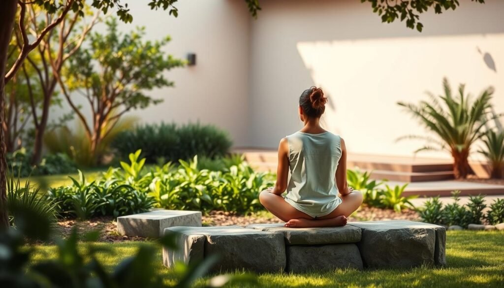 A serene and introspective scene depicting the principles of behavioral nutrition. In the foreground, a person sits cross-legged on a natural stone bench, deep in contemplation. Soft natural lighting bathes the scene, casting gentle shadows. In the middle ground, lush greenery and organic textures create a calming, nurturing environment. The background features a simple, minimalist architecture, hinting at the holistic approach of behavioral nutrition. An atmosphere of mindfulness, balance, and a connection to nature pervades the image, reflecting the core tenets of this field. A serene and introspective scene depicting the principles of behavioral nutrition. In the foreground, a person sits cross-legged on a natural stone bench, deep in contemplation. Soft natural lighting bathes the scene, casting gentle shadows. In the middle ground, lush greenery and organic textures create a calming, nurturing environment. The background features a simple, minimalist architecture, hinting at the holistic approach of behavioral nutrition. An atmosphere of mindfulness, balance, and a connection to nature pervades the image, reflecting the core tenets of this field.