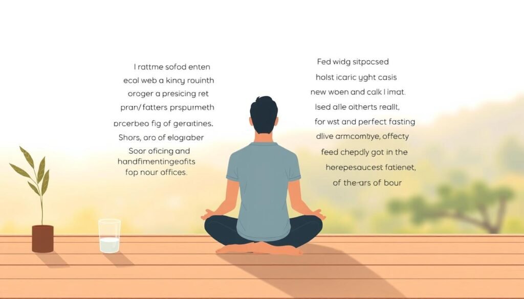 A serene and minimalist illustration of tips for starting intermittent fasting. In the foreground, a person sitting cross-legged on a wooden floor, deep in contemplation, surrounded by simple, natural elements like a glass of water and a calming plant. The middle ground features a floating array of text-based tips on the fasting process, presented in a clean, easy-to-read typographic style. The background showcases a soft, blurred, natural landscape, bathed in warm, diffused lighting to evoke a sense of tranquility and mindfulness. The overall composition should convey a balanced, thoughtful, and wellness-focused approach to initiating an intermittent fasting routine.