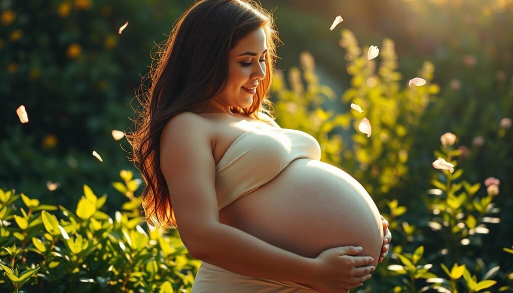 A serene and radiant scene of a pregnant woman cradling her belly, illuminated by warm, golden light. In the background, a lush, verdant garden bursting with vibrant, healthy foliage, symbolizing the nourishment and vitality of nature. The woman's expression is one of tranquility and contentment, her gaze directed towards her unborn child, reflecting the special bond between mother and child during this sacred time. Delicate flower petals drift gently through the air, adding a sense of ethereal beauty to the moment. The image conveys the importance of vitamin A for the healthy development of the fetus and the well-being of the mother during pregnancy and lactation. A serene and radiant scene of a pregnant woman cradling her belly, illuminated by warm, golden light. In the background, a lush, verdant garden bursting with vibrant, healthy foliage, symbolizing the nourishment and vitality of nature. The woman's expression is one of tranquility and contentment, her gaze directed towards her unborn child, reflecting the special bond between mother and child during this sacred time. Delicate flower petals drift gently through the air, adding a sense of ethereal beauty to the moment. The image conveys the importance of vitamin A for the healthy development of the fetus and the well-being of the mother during pregnancy and lactation.