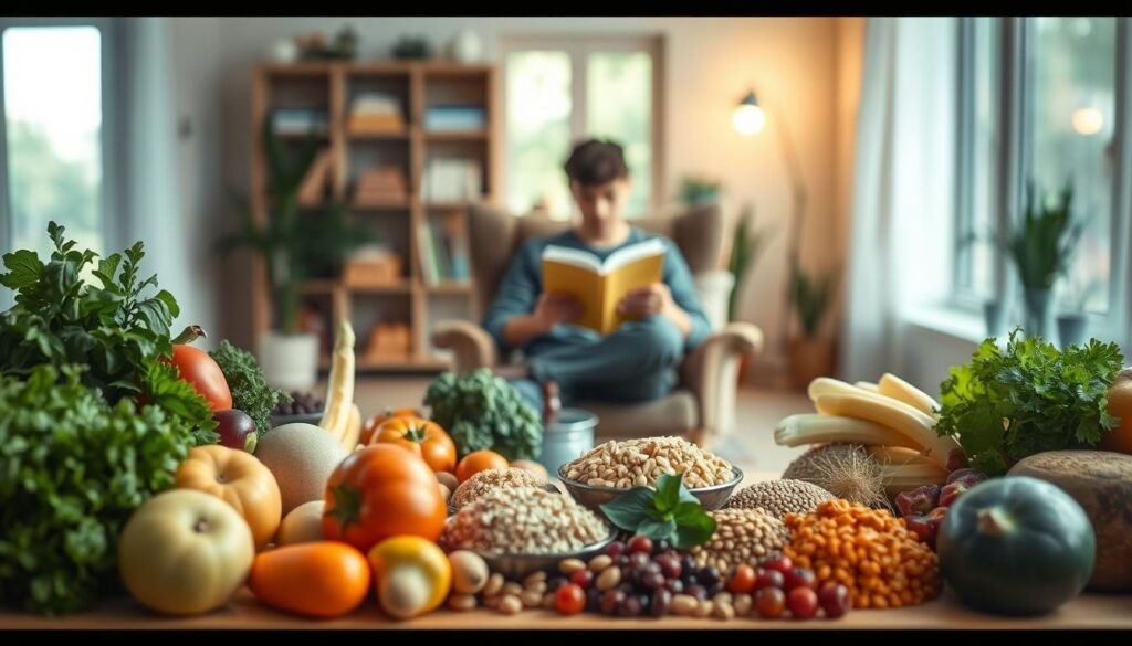 A serene and thoughtful scene depicting the principles of behavioral nutrition. In the foreground, a table with an array of whole, natural foods - vibrant fruits, vegetables, grains, and legumes. In the middle ground, a person sitting in a comfortable chair, studying a book intently. The background is a warm, softly lit interior, with natural light filtering through large windows. The overall mood is one of focus, contemplation, and a connection between the body, mind, and nourishing foods. The image conveys the holistic, evidence-based approach of behavioral nutrition to support mental and physical wellbeing. A serene and thoughtful scene depicting the principles of behavioral nutrition. In the foreground, a table with an array of whole, natural foods - vibrant fruits, vegetables, grains, and legumes. In the middle ground, a person sitting in a comfortable chair, studying a book intently. The background is a warm, softly lit interior, with natural light filtering through large windows. The overall mood is one of focus, contemplation, and a connection between the body, mind, and nourishing foods. The image conveys the holistic, evidence-based approach of behavioral nutrition to support mental and physical wellbeing.