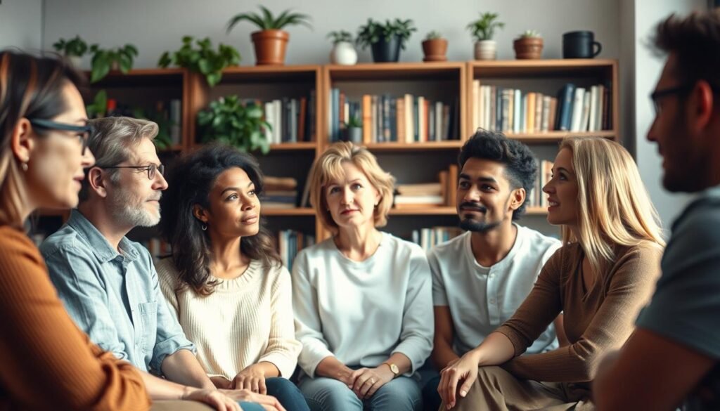 A serene and thoughtful scene of people sharing their personal experiences with intermittent fasting. In the foreground, a group of diverse individuals sits together, faces lit by soft, natural lighting, their expressions contemplative as they engage in an open discussion. In the middle ground, shelves filled with books and plants create a cozy, intellectual atmosphere. The background is blurred, evoking a sense of privacy and intimacy. The overall mood is one of introspection, wisdom, and a sense of community coming together to share their journeys with intermittent fasting and its impact on their cognitive function and brain health.