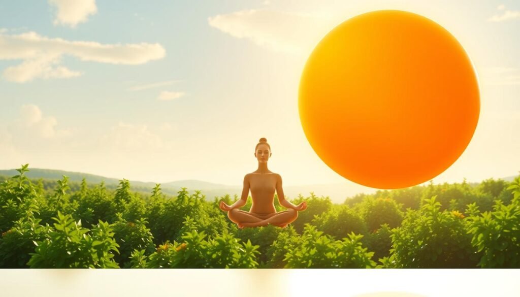 A serene and vibrant visual representation of the connection between Vitamin C and mental well-being. A luminous orange orb, symbolizing the radiant Vitamin C, hovers in the foreground, casting a warm, diffused glow across the scene. In the middle ground, a stylized human figure meditates in a peaceful, contemplative pose, their expression serene and introspective. The background depicts a lush, verdant landscape, with flourishing foliage and a tranquil sky, evoking a sense of harmony and mental clarity. The lighting is soft and natural, creating a calming, ethereal atmosphere that encapsulates the restorative power of Vitamin C for the mind and spirit.