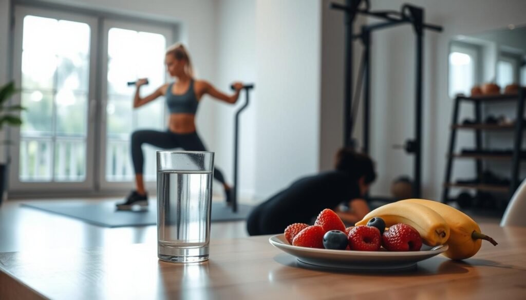 A serene and well-lit home gym setting, with a person performing various strength training exercises like squats, lunges, and core workouts. In the background, a minimalist table showcases a glass of water and a plate of fresh fruits, symbolizing the practice of intermittent fasting. The scene exudes a sense of balance, discipline, and holistic wellness, perfectly capturing the intersection of physical activity and mindful nutrition. A serene and well-lit home gym setting, with a person performing various strength training exercises like squats, lunges, and core workouts. In the background, a minimalist table showcases a glass of water and a plate of fresh fruits, symbolizing the practice of intermittent fasting. The scene exudes a sense of balance, discipline, and holistic wellness, perfectly capturing the intersection of physical activity and mindful nutrition.