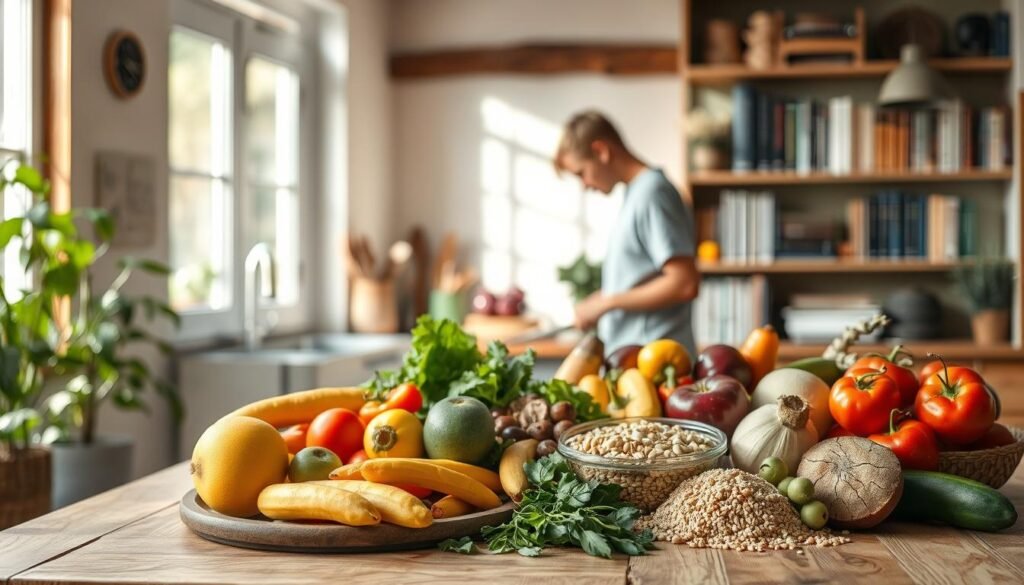 A serene kitchen scene, bathed in soft natural lighting filtering through a large window. In the foreground, a variety of whole, unprocessed foods are artfully arranged on a wooden table - fresh fruits, vibrant vegetables, whole grains, and lean proteins. The middle ground features a person engaged in mindful meal preparation, chopping and arranging the ingredients with care. In the background, a bookshelf holds volumes on holistic nutrition and wellness. The overall atmosphere conveys a sense of balance, intention, and a connection to the natural world, reflecting the "Compreendendo o Comportamento Alimentar" theme.