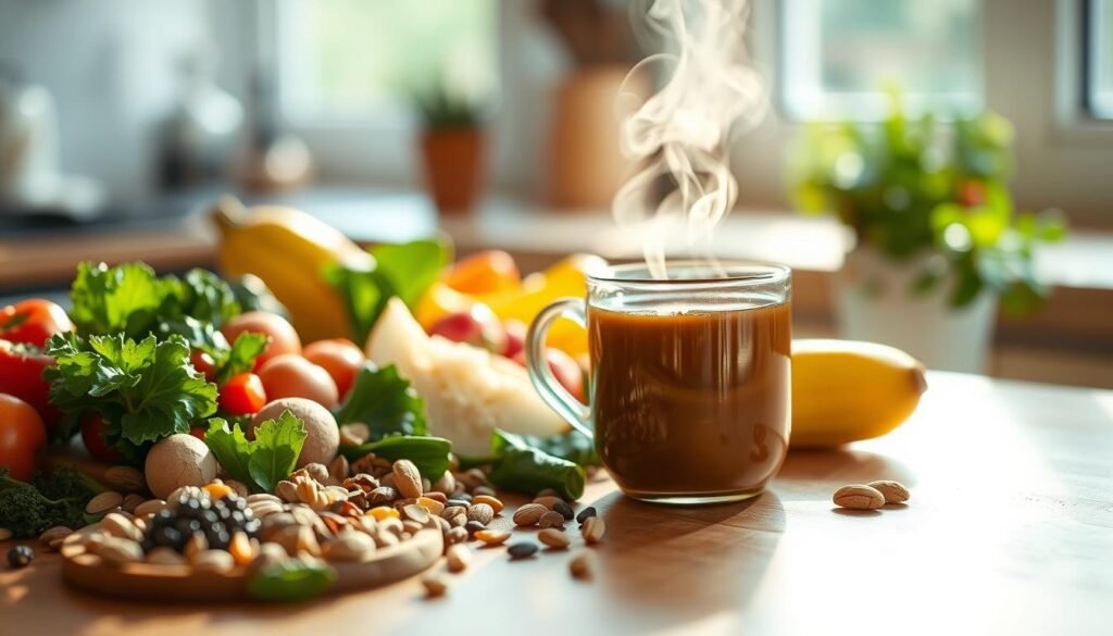 A serene kitchen scene, bathed in warm, natural lighting. In the foreground, a selection of nourishing whole foods - vibrant vegetables, fresh fruits, nuts, and seeds - arranged artfully on a wooden table. In the middle ground, a steaming mug of herbal tea, its calming aroma wafting through the air. The background depicts a softly blurred window, hinting at a calming outdoor view, symbolizing the connection between nutrition, mindfulness, and the reduction of anxiety. The overall mood is one of tranquility, balance, and the restorative power of mindful, healthy eating. A serene kitchen scene, bathed in warm, natural lighting. In the foreground, a selection of nourishing whole foods - vibrant vegetables, fresh fruits, nuts, and seeds - arranged artfully on a wooden table. In the middle ground, a steaming mug of herbal tea, its calming aroma wafting through the air. The background depicts a softly blurred window, hinting at a calming outdoor view, symbolizing the connection between nutrition, mindfulness, and the reduction of anxiety. The overall mood is one of tranquility, balance, and the restorative power of mindful, healthy eating.