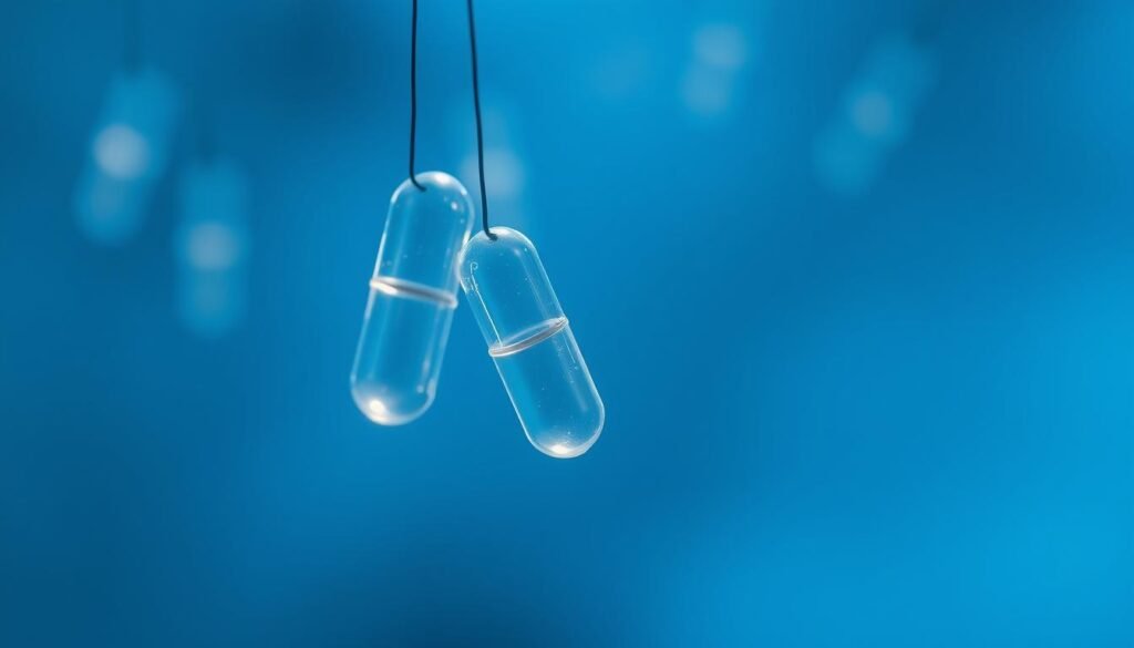 A serene, minimalist close-up of human growth hormones depicted as transparent, glowing capsules suspended in a tranquil, blue-hued environment. The capsules are positioned in the foreground, casting soft, diffuse lighting that illuminates the scene. The background is blurred, creating a sense of depth and focus on the central subject. The overall mood is one of scientific curiosity and the delicate balance of the body's natural processes. The lighting and composition emphasize the importance and impact of these essential hormones on human growth and development.