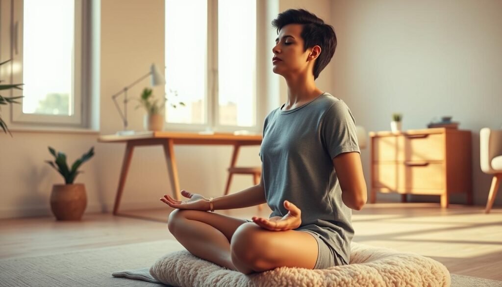A serene, minimalist office setting with a person practicing mindfulness techniques. The foreground depicts a person sitting cross-legged on a plush floor cushion, their eyes closed in deep contemplation. Soft, natural lighting filters through large windows, casting a warm, soothing glow. In the middle ground, a wooden desk with a potted plant and a mug of herbal tea creates a calming, organized workspace. The background features muted, earthy tones and simple, clean-lined furniture, conveying a sense of tranquility and focus. The overall scene radiates a sense of mental clarity and stress management through behavioral techniques rooted in neuroscience. A serene, minimalist office setting with a person practicing mindfulness techniques. The foreground depicts a person sitting cross-legged on a plush floor cushion, their eyes closed in deep contemplation. Soft, natural lighting filters through large windows, casting a warm, soothing glow. In the middle ground, a wooden desk with a potted plant and a mug of herbal tea creates a calming, organized workspace. The background features muted, earthy tones and simple, clean-lined furniture, conveying a sense of tranquility and focus. The overall scene radiates a sense of mental clarity and stress management through behavioral techniques rooted in neuroscience.