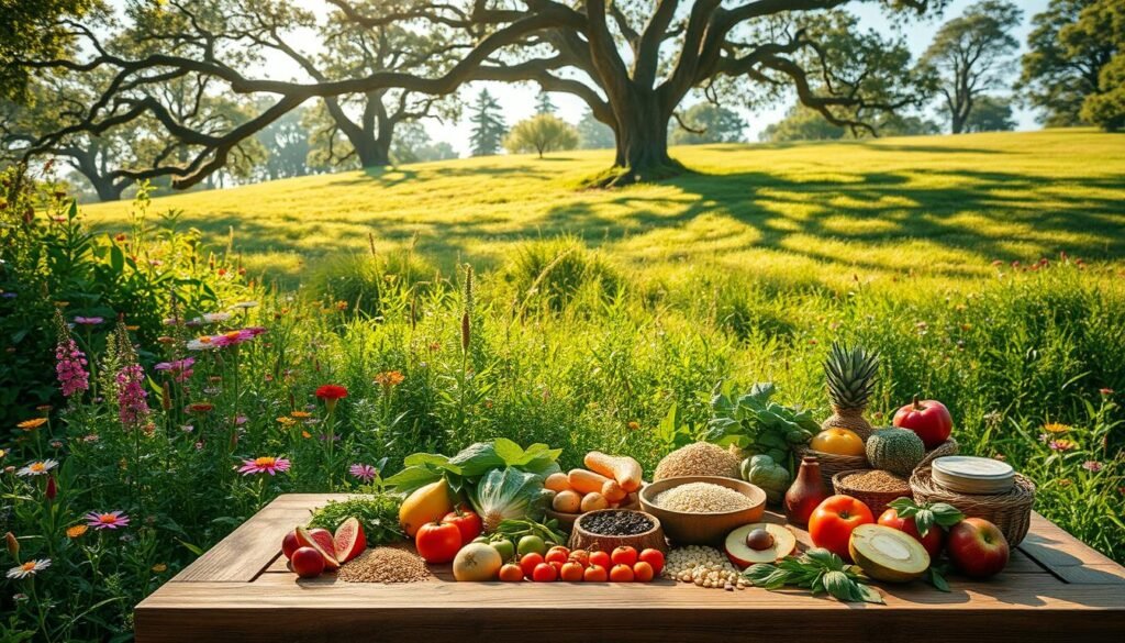 A serene, sun-dappled meadow, lush with vibrant wildflowers and verdant foliage. In the foreground, a wooden table holds an array of wholesome, unprocessed foods - fresh fruits, vegetables, grains, and herbs, all glistening with natural goodness. The background features a gently sloping hill, dotted with towering, ancient trees that cast a warm, soft light across the scene. The atmosphere is one of tranquility and harmonious connection with the natural world, inviting the viewer to embrace a nourishing, mindful approach to "Nutrição Comportamental Natural".