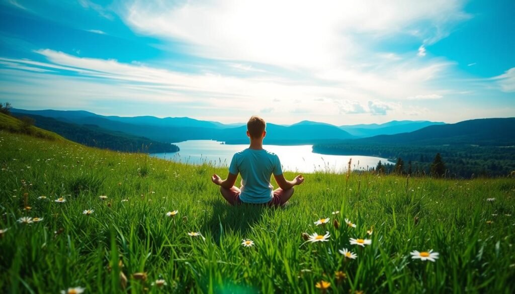 A serene, sun-dappled meadow with lush, verdant grass and wildflowers in bloom. In the foreground, a person sits cross-legged, eyes closed, hands resting gently on their lap, embodying a state of deep meditation and inner calm. The middle ground features a tranquil lake, its surface reflecting the azure sky above. In the distance, rolling hills and forests create a sense of balance and harmony. Soft, diffused lighting filters through wispy clouds, casting a warm, soothing glow over the entire scene. The overall atmosphere evokes a profound connection between mental well-being and the restorative power of intermittent fasting. A serene, sun-dappled meadow with lush, verdant grass and wildflowers in bloom. In the foreground, a person sits cross-legged, eyes closed, hands resting gently on their lap, embodying a state of deep meditation and inner calm. The middle ground features a tranquil lake, its surface reflecting the azure sky above. In the distance, rolling hills and forests create a sense of balance and harmony. Soft, diffused lighting filters through wispy clouds, casting a warm, soothing glow over the entire scene. The overall atmosphere evokes a profound connection between mental well-being and the restorative power of intermittent fasting.