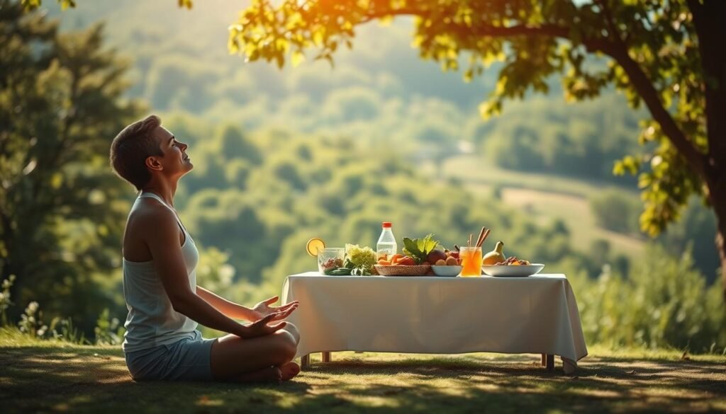 A serene, sun-dappled scene depicting the contrast between intermittent fasting and traditional diets. In the foreground, a person sits cross-legged, eyes closed, deep in meditation - representing the mindful, disciplined approach of intermittent fasting. In the middle ground, a table laden with healthy, colorful foods symbolizes the balanced, moderate diet. The background features a lush, verdant landscape, conveying a sense of harmony and wellness. Soft, warm lighting casts a gentle glow, creating an atmosphere of tranquility and introspection. The composition emphasizes the peaceful coexistence of the two dietary approaches, inviting the viewer to consider their unique benefits.