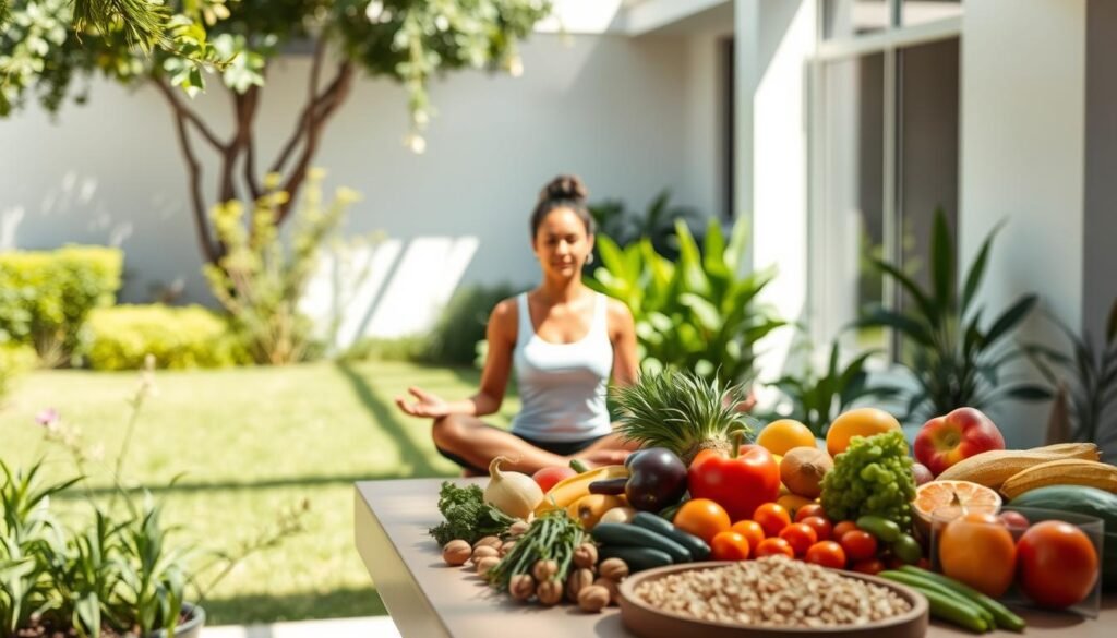 A serene, sun-dappled scene of a healthy lifestyle. In the foreground, a person sitting in a lotus position, practicing mindful meditation amidst a lush, verdant garden. In the middle ground, a table laden with a vibrant array of fresh fruits, vegetables, and whole grains, symbolizing a balanced, nutrient-rich diet. In the background, a minimalist, modern architecture with large windows, allowing natural light to flood the space. The overall atmosphere is one of tranquility, wellness, and a harmonious integration of mind, body, and environment.