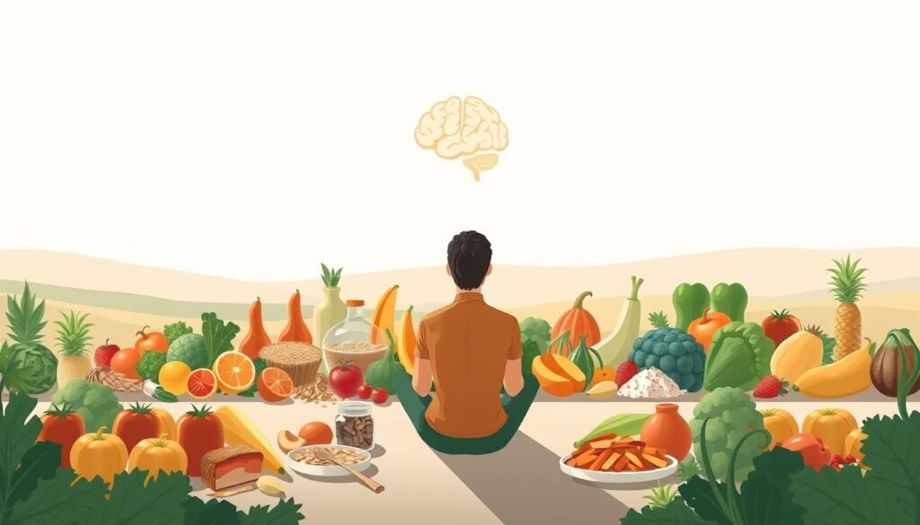 A serene, well-lit illustration depicting the concept of "nutrologia comportamental". In the foreground, a person sits in a thoughtful pose, surrounded by a variety of natural, whole foods - fresh fruits, vegetables, grains, and lean proteins. The middle ground features a stylized representation of the human brain, symbolizing the interplay between nutritional knowledge and behavioral patterns. In the background, a peaceful, minimalist landscape creates a calming atmosphere, underscoring the holistic nature of this approach to healthy eating. The overall composition conveys a sense of balance, mindfulness, and the importance of aligning our dietary choices with our physiological and psychological well-being. A serene, well-lit illustration depicting the concept of "nutrologia comportamental". In the foreground, a person sits in a thoughtful pose, surrounded by a variety of natural, whole foods - fresh fruits, vegetables, grains, and lean proteins. The middle ground features a stylized representation of the human brain, symbolizing the interplay between nutritional knowledge and behavioral patterns. In the background, a peaceful, minimalist landscape creates a calming atmosphere, underscoring the holistic nature of this approach to healthy eating. The overall composition conveys a sense of balance, mindfulness, and the importance of aligning our dietary choices with our physiological and psychological well-being.