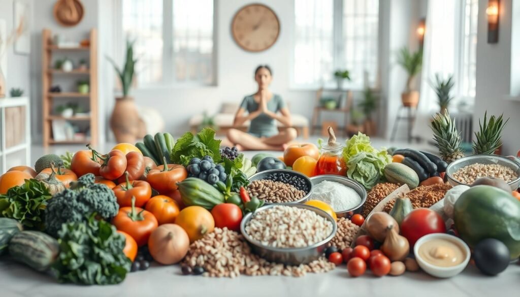 A serene, well-lit interior space filled with an abundance of vibrant, nutrient-rich foods arranged harmoniously. In the foreground, a selection of fresh fruits, vegetables, grains, and legumes, conveying the essence of a balanced, wholesome diet. In the middle ground, a person meditating in a peaceful, contemplative pose, reflecting the close connection between proper nutrition and mental well-being. The background features soothing, minimalist decor, with soft, natural lighting filtering in through large windows, creating a calming, introspective atmosphere. The overall scene evokes a sense of holistic health, where physical nourishment and mental clarity coexist in perfect harmony.