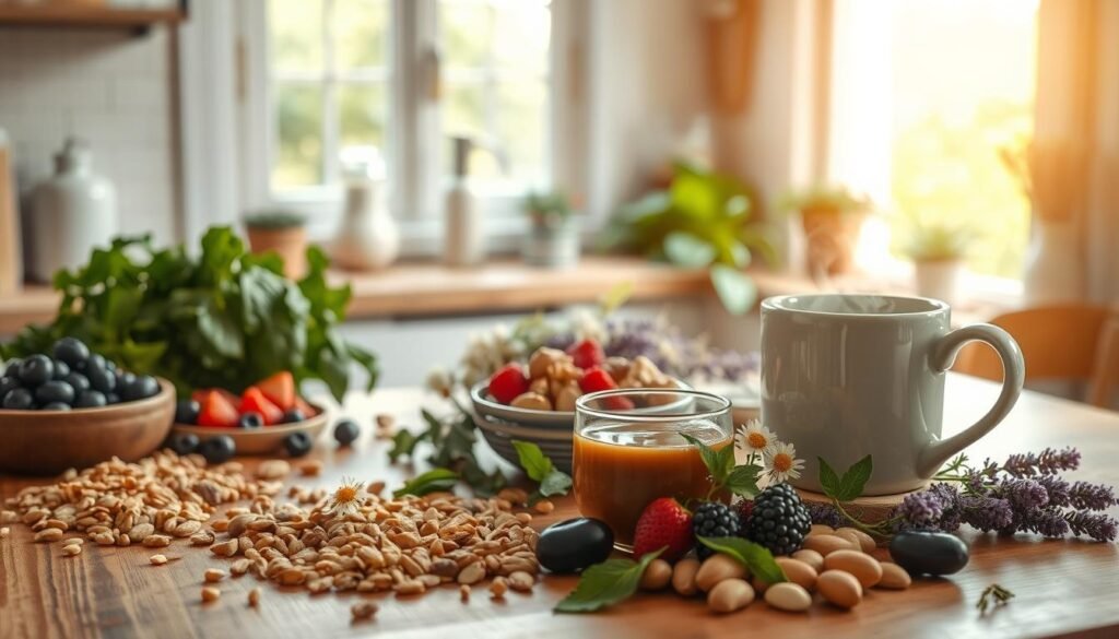 A serene, well-lit kitchen scene showcasing a selection of sleep-promoting foods. In the foreground, a wooden table is laid with an assortment of whole grains, nuts, fresh berries, and a steaming mug of herbal tea. Mid-ground, leafy greens and herbs, such as chamomile and lavender, add pops of color and natural aromas. The background features a softly-lit window overlooking a peaceful garden, creating a calming, inviting atmosphere. The lighting is warm and diffused, evoking a sense of comfort and tranquility. The overall composition conveys the idea of nourishing the body and mind for a restful, restorative sleep.